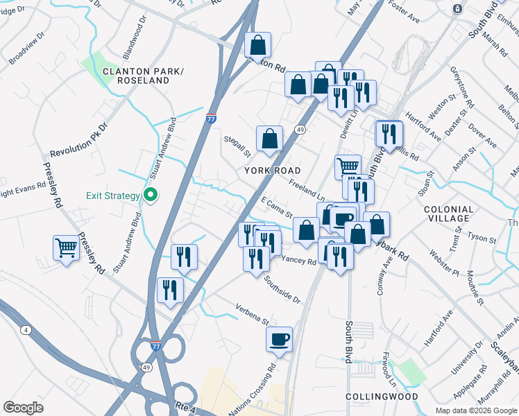 map of restaurants, bars, coffee shops, grocery stores, and more near in Charlotte