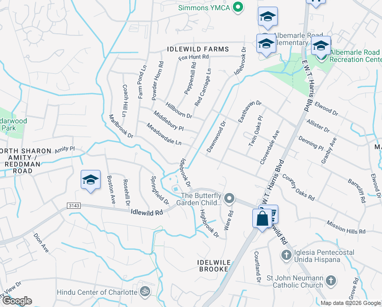 map of restaurants, bars, coffee shops, grocery stores, and more near 6411 Idlebrook Drive in Charlotte