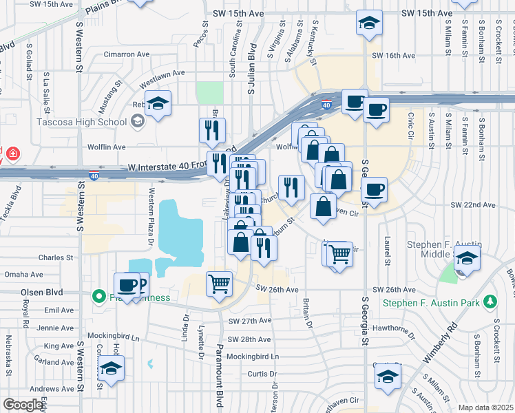 map of restaurants, bars, coffee shops, grocery stores, and more near 3005 Church Ave in Amarillo