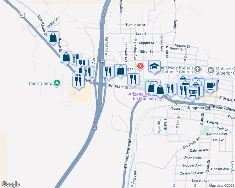 map of restaurants, bars, coffee shops, grocery stores, and more near 600 West Beale Street in Kingman