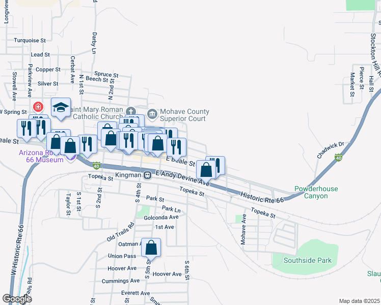 map of restaurants, bars, coffee shops, grocery stores, and more near 604 East Oak Street in Kingman