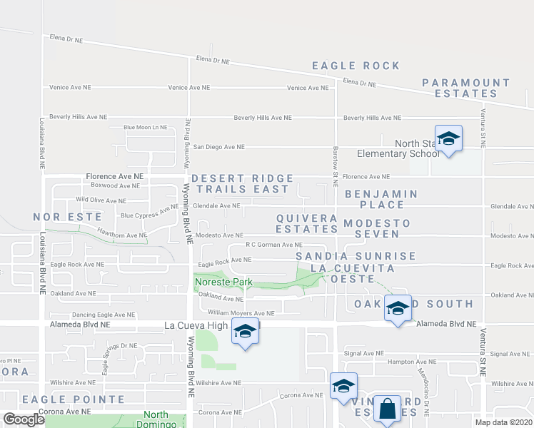 map of restaurants, bars, coffee shops, grocery stores, and more near 8000 Glendale Avenue Northeast in Albuquerque