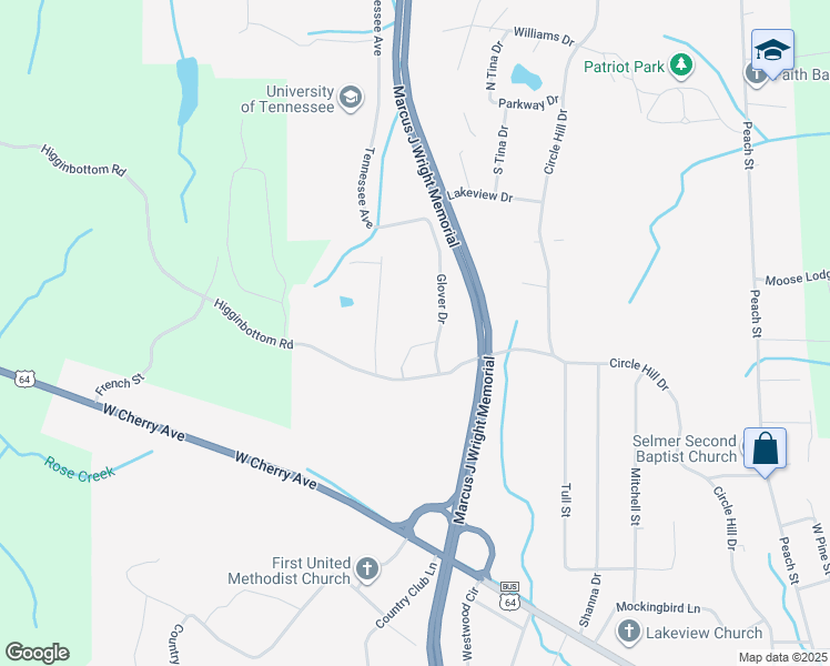 map of restaurants, bars, coffee shops, grocery stores, and more near 92 Glover Drive in Selmer