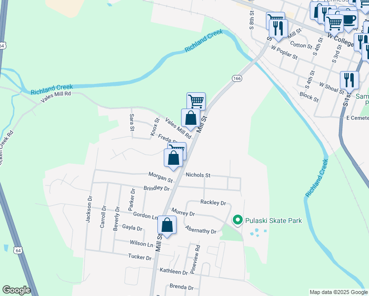 map of restaurants, bars, coffee shops, grocery stores, and more near 920 Mill Street in Pulaski