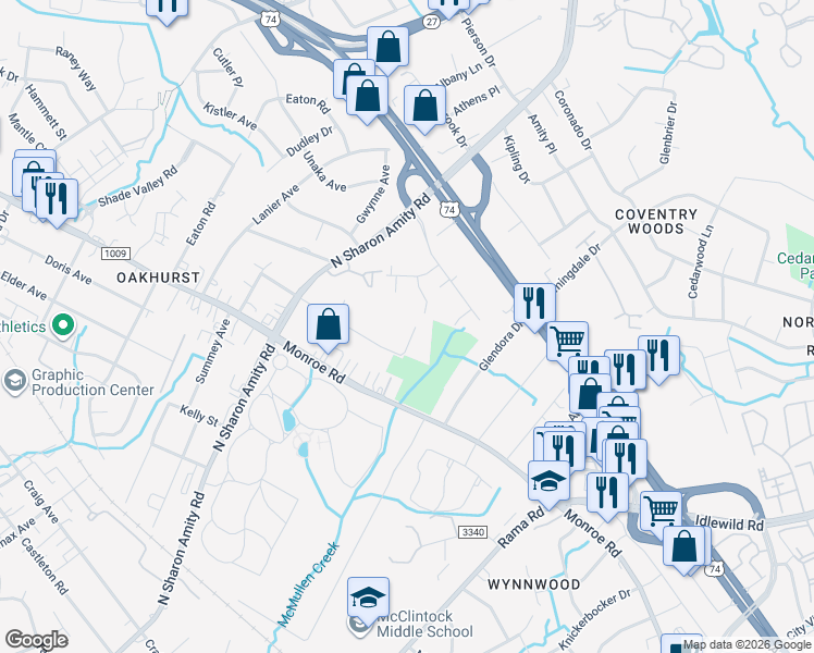 map of restaurants, bars, coffee shops, grocery stores, and more near 5625 Lantana Avenue in Charlotte