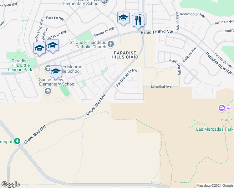 map of restaurants, bars, coffee shops, grocery stores, and more near 9512 Cache Creek Drive Northwest in Albuquerque