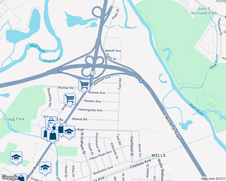 map of restaurants, bars, coffee shops, grocery stores, and more near 4116 Ronnie Avenue in Memphis