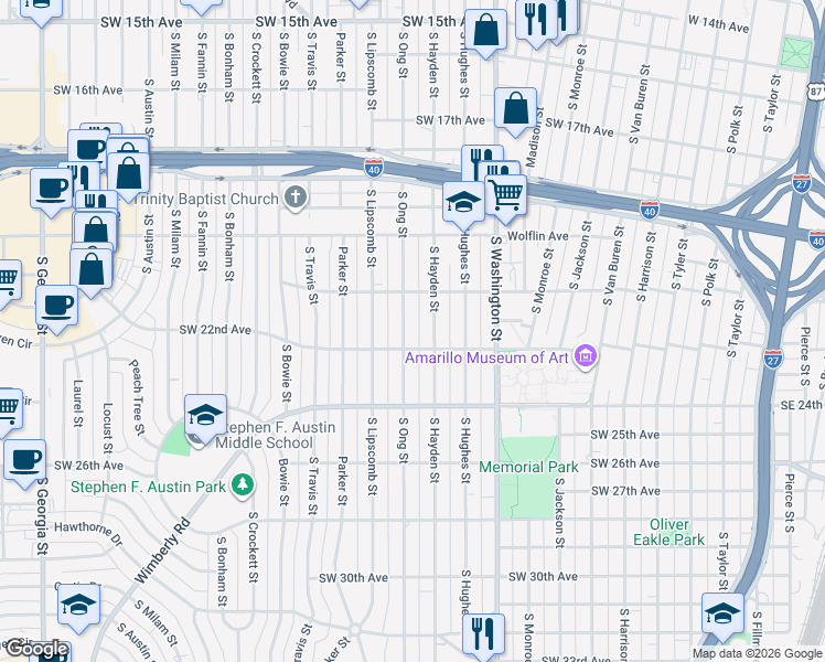 map of restaurants, bars, coffee shops, grocery stores, and more near 2112 South Hayden Street in Amarillo