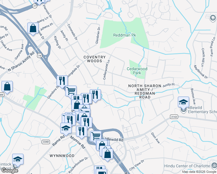 map of restaurants, bars, coffee shops, grocery stores, and more near 5410 Amity Place in Charlotte