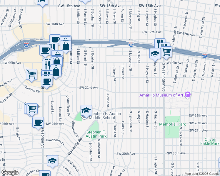 map of restaurants, bars, coffee shops, grocery stores, and more near 2108-2110 South Travis Street in Amarillo