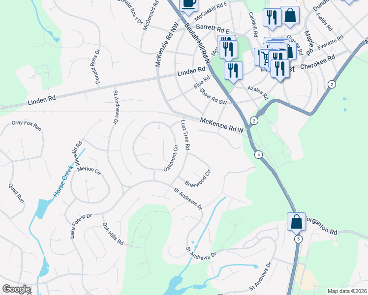 map of restaurants, bars, coffee shops, grocery stores, and more near 75 Lost Tree Road in Pinehurst