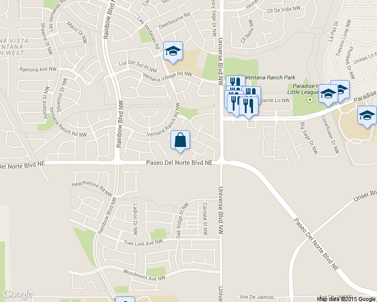 map of restaurants, bars, coffee shops, grocery stores, and more near 9416 Talara Place in Albuquerque