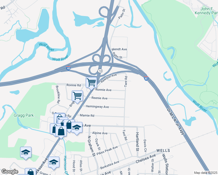 map of restaurants, bars, coffee shops, grocery stores, and more near 4070 Ronnie Avenue in Memphis