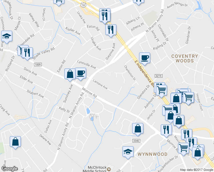 map of restaurants, bars, coffee shops, grocery stores, and more near 5509 Lantana Avenue in Charlotte