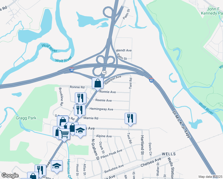 map of restaurants, bars, coffee shops, grocery stores, and more near 4070 Ronnie Avenue in Memphis