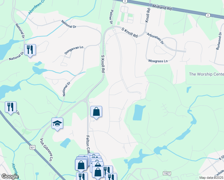 map of restaurants, bars, coffee shops, grocery stores, and more near 9 East Augusta Lane in Southern Pines