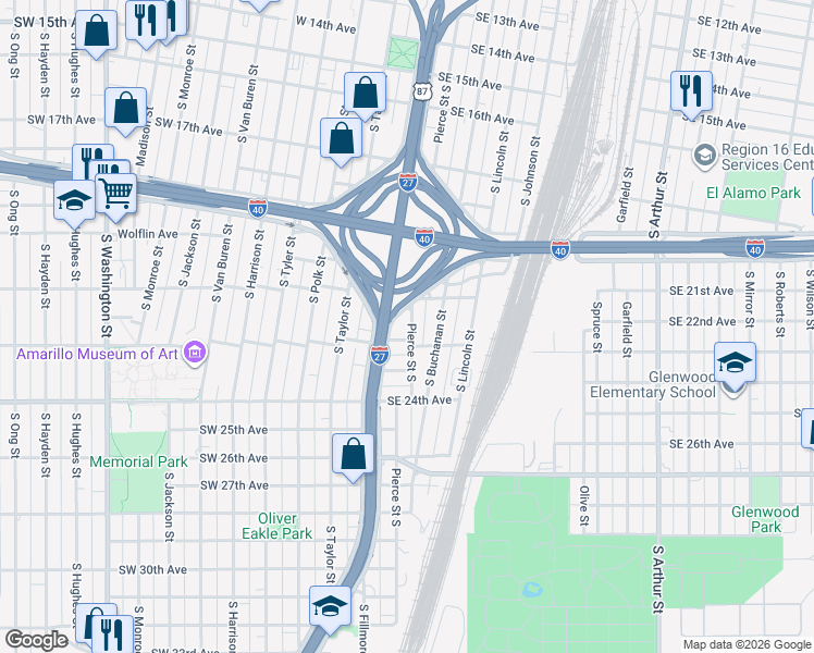 map of restaurants, bars, coffee shops, grocery stores, and more near 2109-2111 South Pierce Street in Amarillo