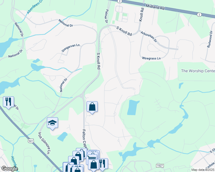 map of restaurants, bars, coffee shops, grocery stores, and more near 9 East Augusta Lane in Southern Pines