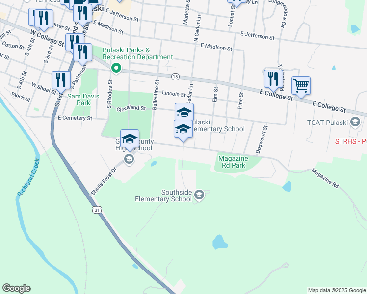 map of restaurants, bars, coffee shops, grocery stores, and more near 707 South Cedar Lane in Pulaski