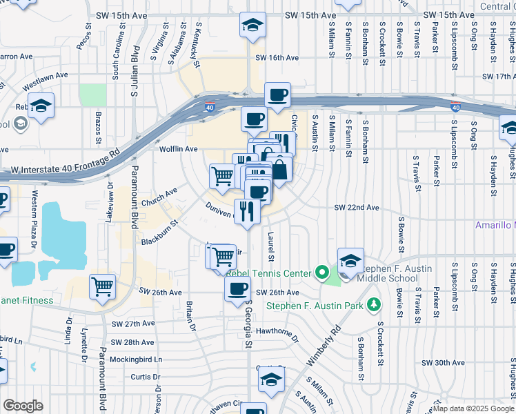 map of restaurants, bars, coffee shops, grocery stores, and more near 2323 South Georgia Street in Amarillo
