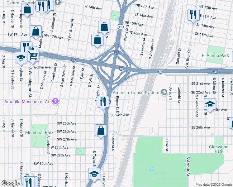 map of restaurants, bars, coffee shops, grocery stores, and more near 2109-2111 South Pierce Street in Amarillo