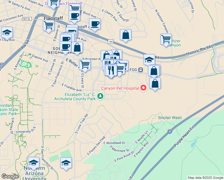 map of restaurants, bars, coffee shops, grocery stores, and more near 570 South Windsor Lane in Flagstaff