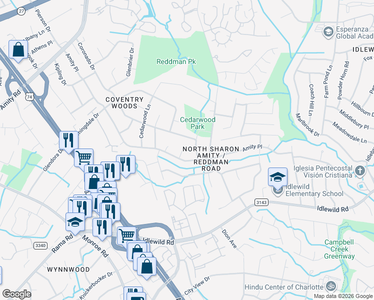 map of restaurants, bars, coffee shops, grocery stores, and more near 6700 Edenwood Place in Charlotte