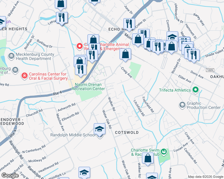 map of restaurants, bars, coffee shops, grocery stores, and more near in Charlotte