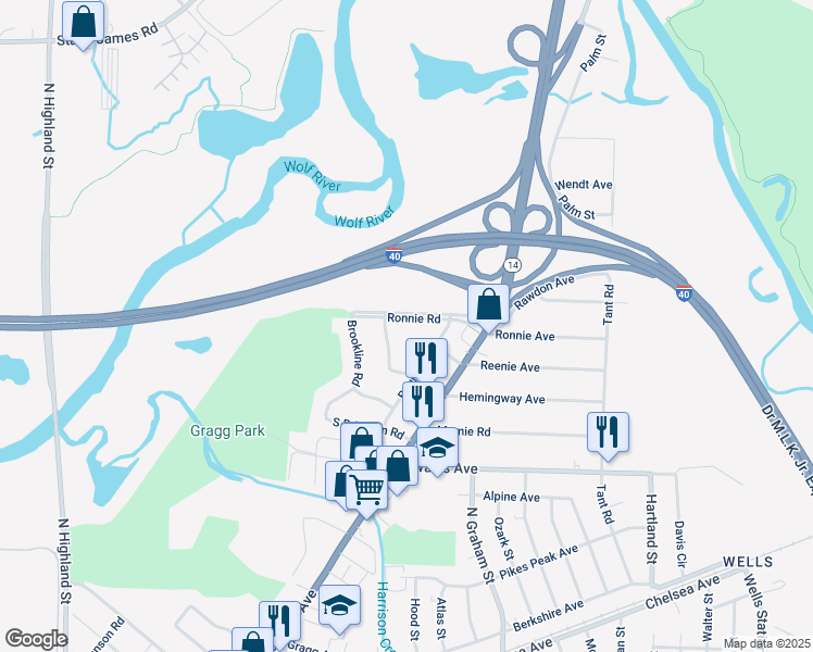 map of restaurants, bars, coffee shops, grocery stores, and more near 2130 Charleston Road in Memphis