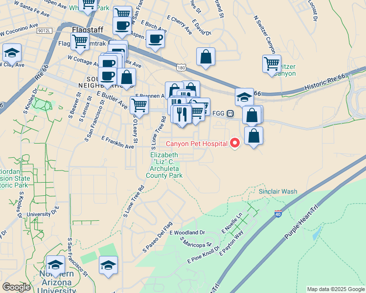 map of restaurants, bars, coffee shops, grocery stores, and more near 550 South Windsor Lane in Flagstaff