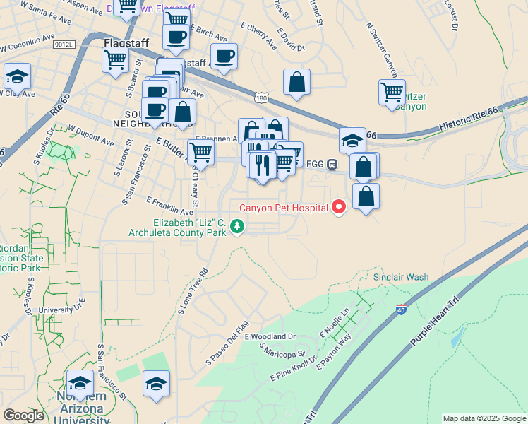 map of restaurants, bars, coffee shops, grocery stores, and more near 550 South Windsor Lane in Flagstaff