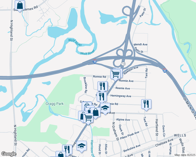 map of restaurants, bars, coffee shops, grocery stores, and more near 2130 Charleston Road in Memphis
