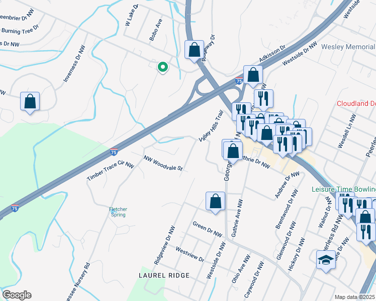 map of restaurants, bars, coffee shops, grocery stores, and more near 2445 Valley Hills Drive in Cleveland