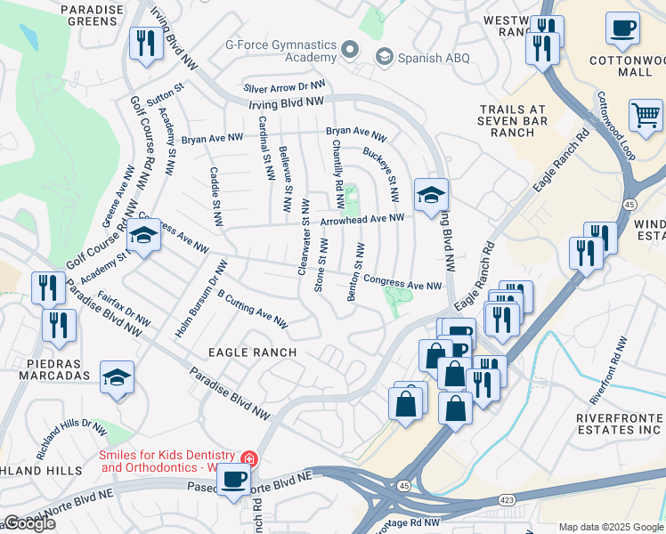map of restaurants, bars, coffee shops, grocery stores, and more near 9801 Chantilly Road Northwest in Albuquerque