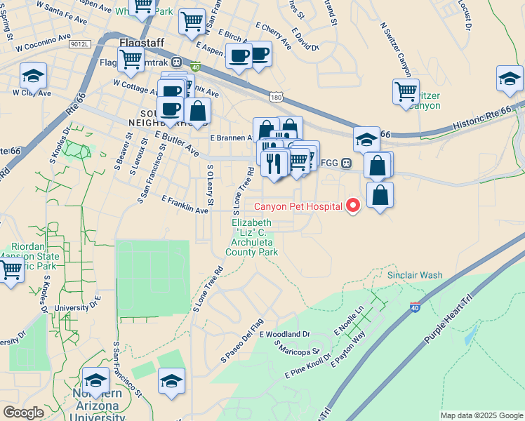 map of restaurants, bars, coffee shops, grocery stores, and more near 570 South Windsor Lane in Flagstaff