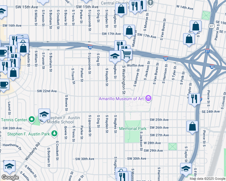 map of restaurants, bars, coffee shops, grocery stores, and more near 2114 Hughes St in Amarillo