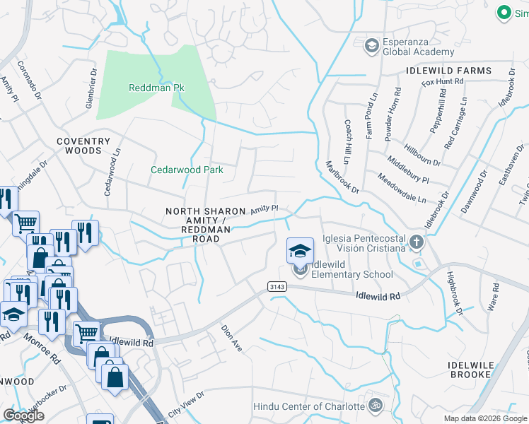 map of restaurants, bars, coffee shops, grocery stores, and more near 5938 Amity Place in Charlotte