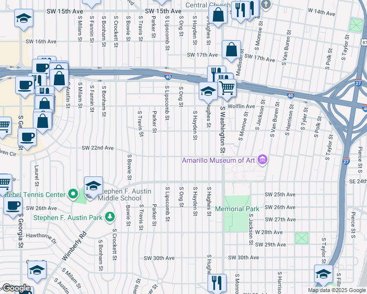 map of restaurants, bars, coffee shops, grocery stores, and more near 2115 South Ong Street in Amarillo