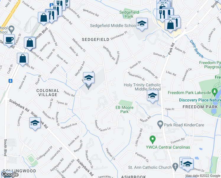 map of restaurants, bars, coffee shops, grocery stores, and more near 3111 Selwyn Farms Lane in Charlotte
