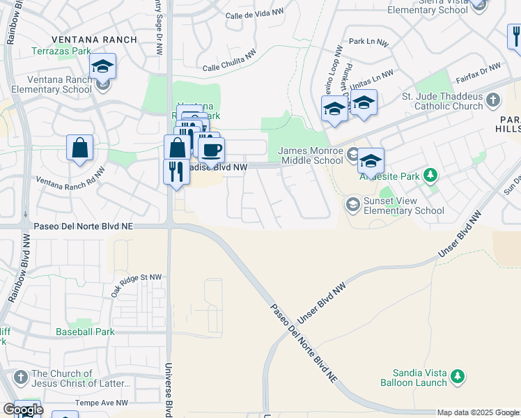 map of restaurants, bars, coffee shops, grocery stores, and more near 9604 Adina Lane Northwest in Albuquerque