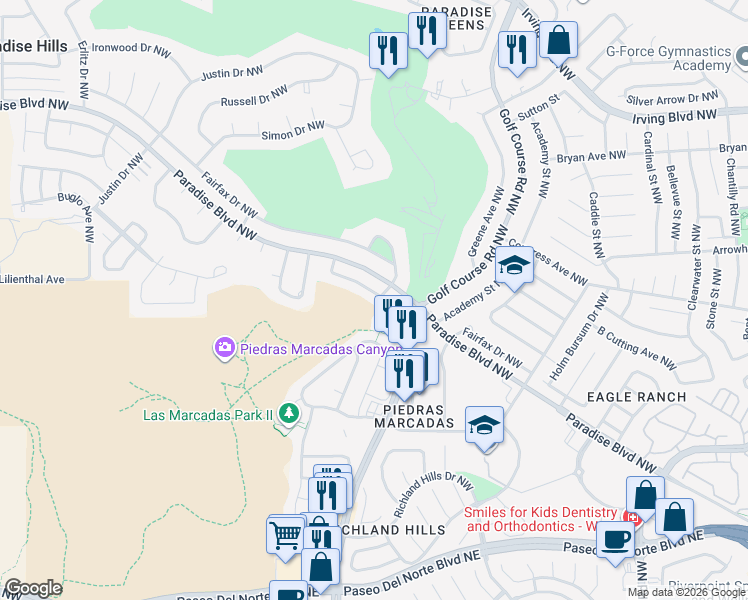 map of restaurants, bars, coffee shops, grocery stores, and more near 4944 Quail Ridge Drive Northwest in Albuquerque
