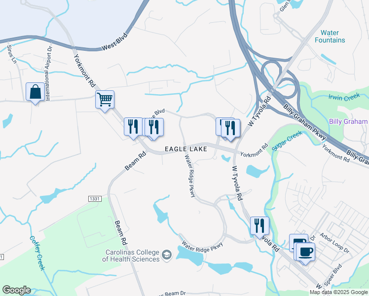 map of restaurants, bars, coffee shops, grocery stores, and more near 2201 North Water Ridge Parkway in Charlotte