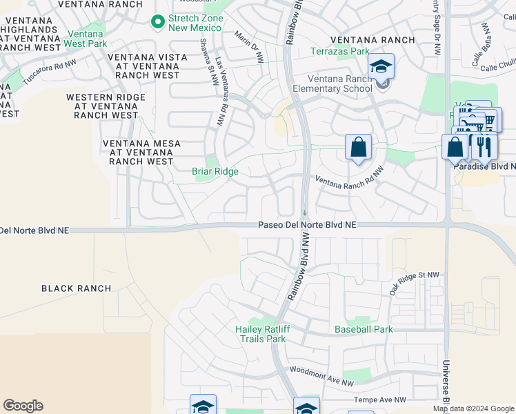 map of restaurants, bars, coffee shops, grocery stores, and more near 9501 Santala Place Northwest in Albuquerque