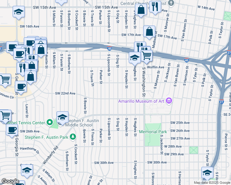 map of restaurants, bars, coffee shops, grocery stores, and more near 2111-2113 South Lipscomb Street in Amarillo