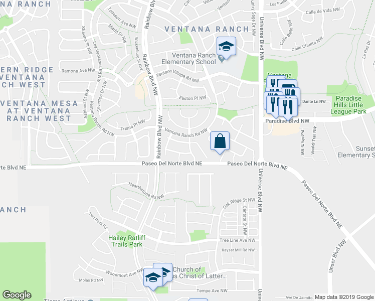 map of restaurants, bars, coffee shops, grocery stores, and more near 7001 Sendero Road Northwest in Albuquerque