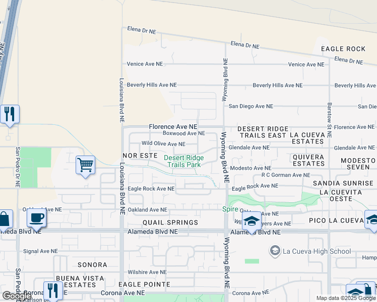 map of restaurants, bars, coffee shops, grocery stores, and more near 7331 Blue Cypress Avenue Northeast in Albuquerque