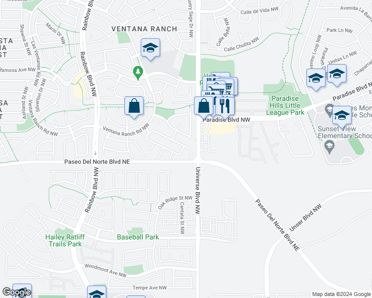 map of restaurants, bars, coffee shops, grocery stores, and more near 6600 Piedra Quemada Road Northwest in Albuquerque