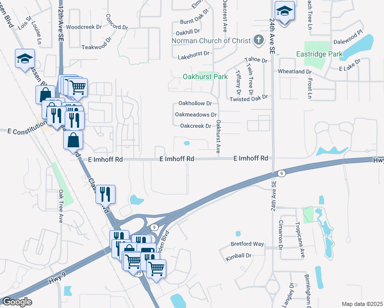 map of restaurants, bars, coffee shops, grocery stores, and more near 1831 East Imhoff Road in Norman