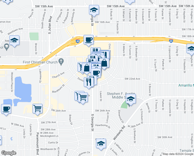 map of restaurants, bars, coffee shops, grocery stores, and more near 2319 South Georgia Street in Amarillo