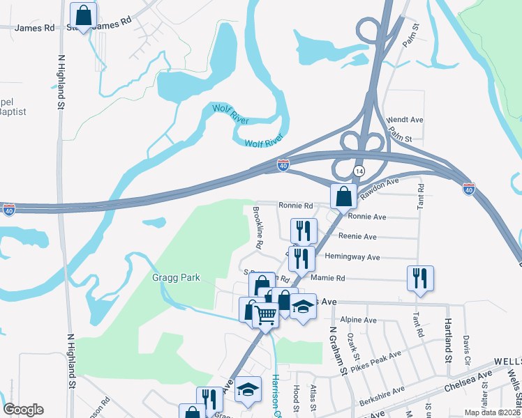 map of restaurants, bars, coffee shops, grocery stores, and more near 2132 Brookline Road in Memphis